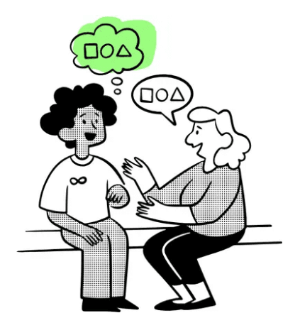 Two people having a conversation with thought bubbles